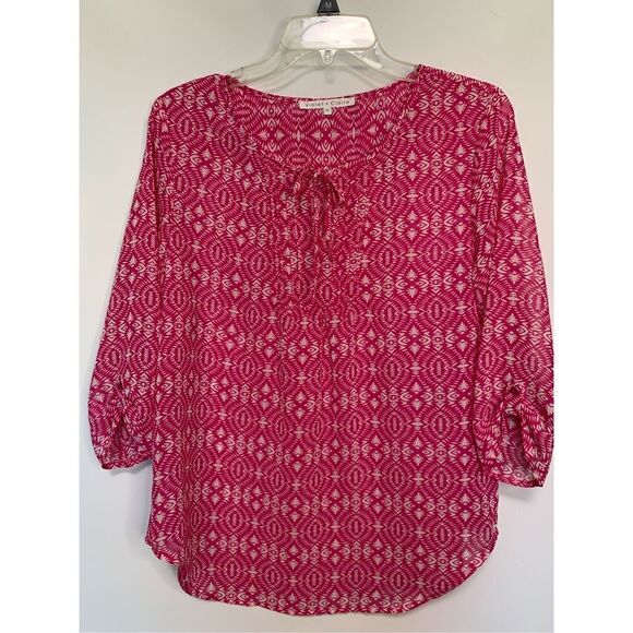 Violet & Claire Women's Geometric Print Tie Front Blouse Pink White Size Medium - Picture 1 of 8